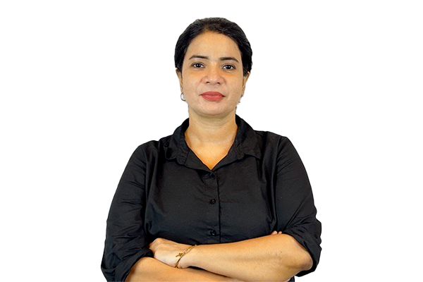 Portrait of a woman with folded arms, wearing a black button-down shirt, facing the camera with a confident expression.